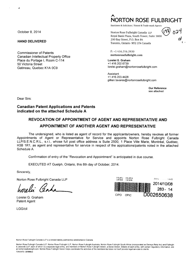Document de brevet canadien 2802259. Correspondance 20141008. Image 1 de 3