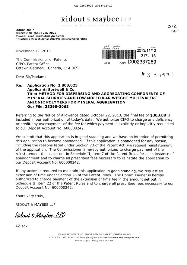Canadian Patent Document 2803025. Correspondence 20121212. Image 1 of 1