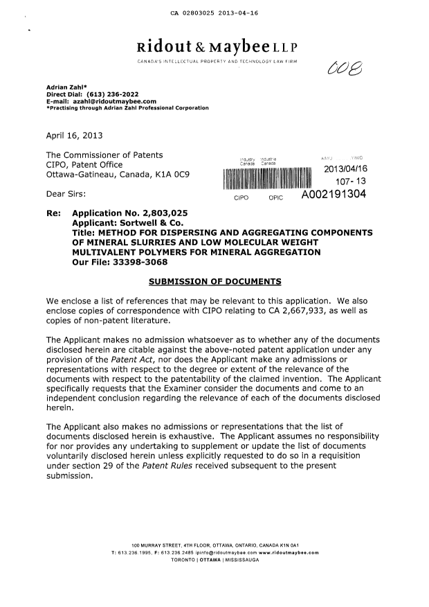 Canadian Patent Document 2803025. Prosecution-Amendment 20121216. Image 1 of 2