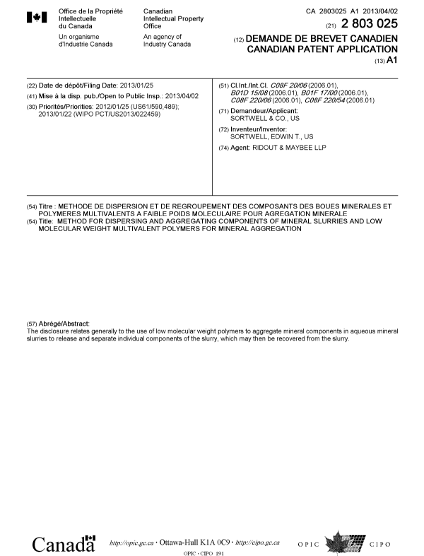 Canadian Patent Document 2803025. Cover Page 20121228. Image 1 of 1
