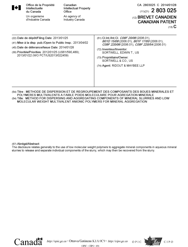 Canadian Patent Document 2803025. Cover Page 20131208. Image 1 of 1