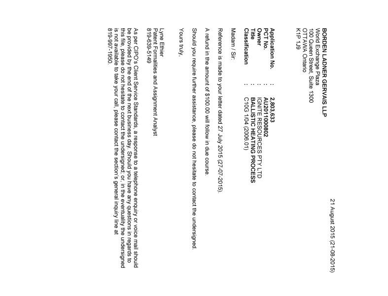 Document de brevet canadien 2803633. Correspondance 20141221. Image 1 de 1