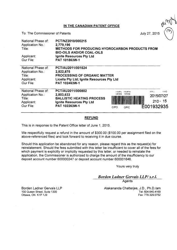 Canadian Patent Document 2803633. Correspondence 20141227. Image 1 of 1