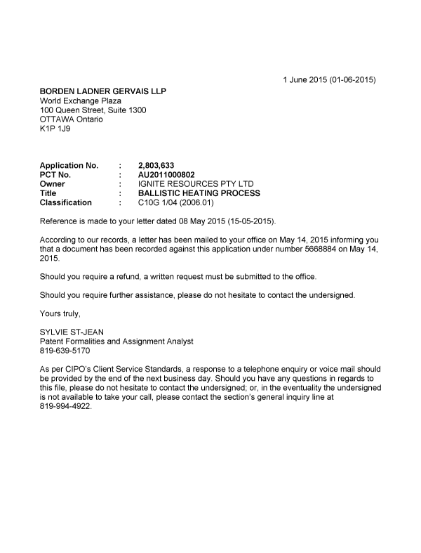 Document de brevet canadien 2803633. Correspondance 20141228. Image 1 de 1