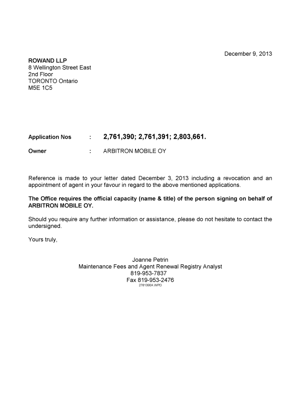 Canadian Patent Document 2803661. Correspondence 20121209. Image 1 of 1
