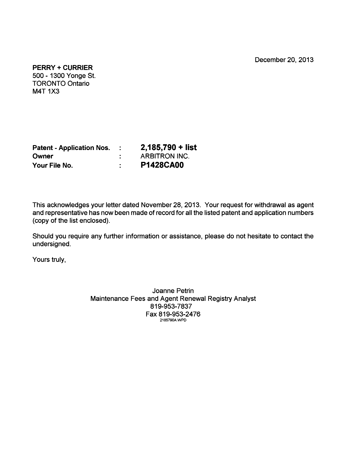Document de brevet canadien 2803661. Correspondance 20121220. Image 1 de 1