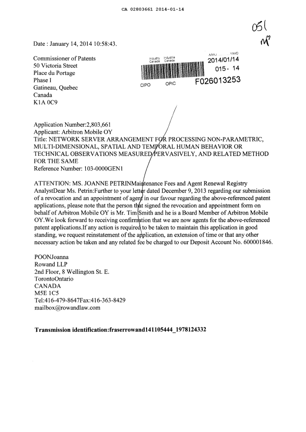 Document de brevet canadien 2803661. Correspondance 20131214. Image 1 de 1