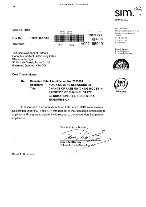 Document de brevet canadien 2803684. Correspondance 20130306. Image 1 de 3