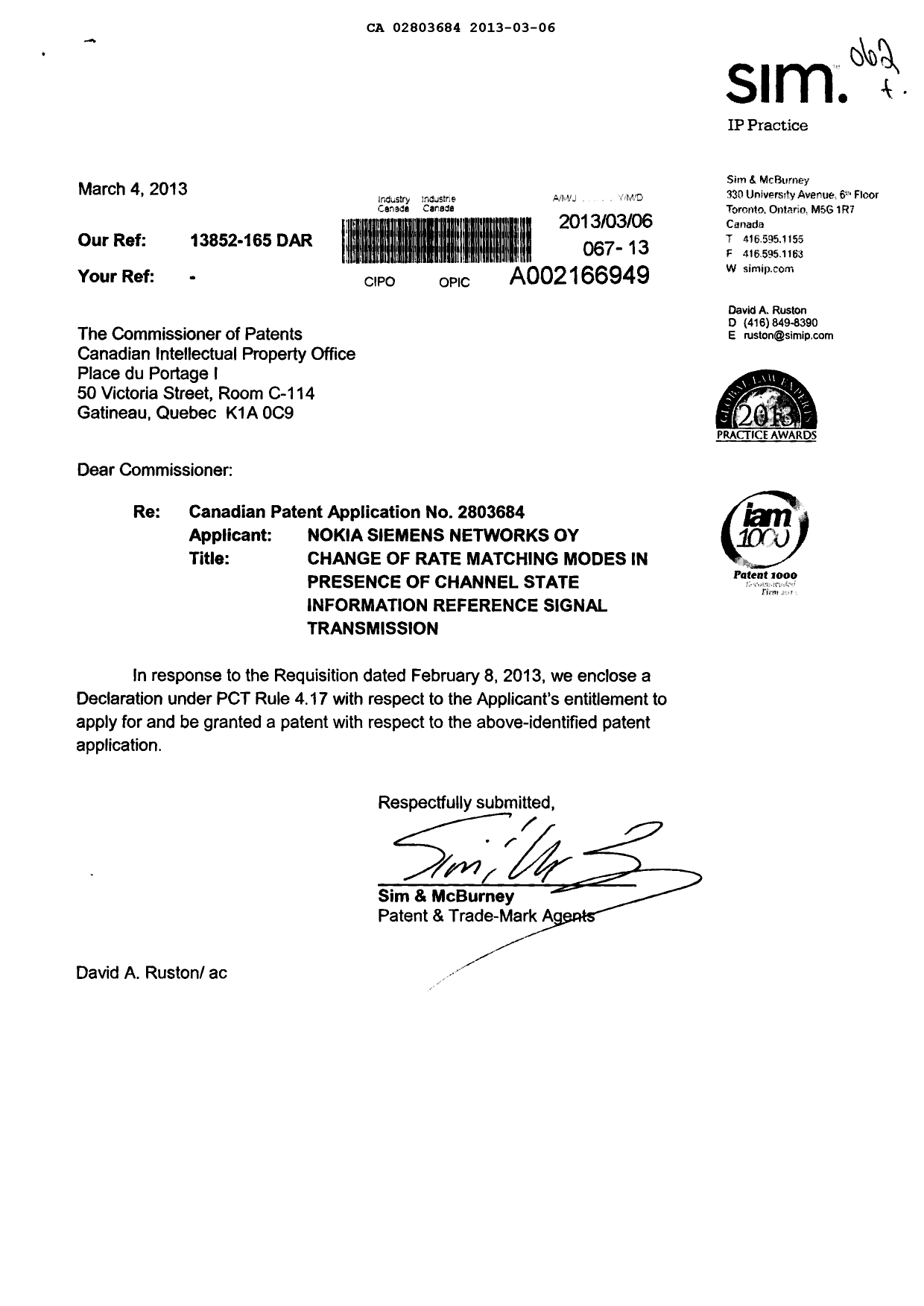 Canadian Patent Document 2803684. Correspondence 20130306. Image 1 of 3