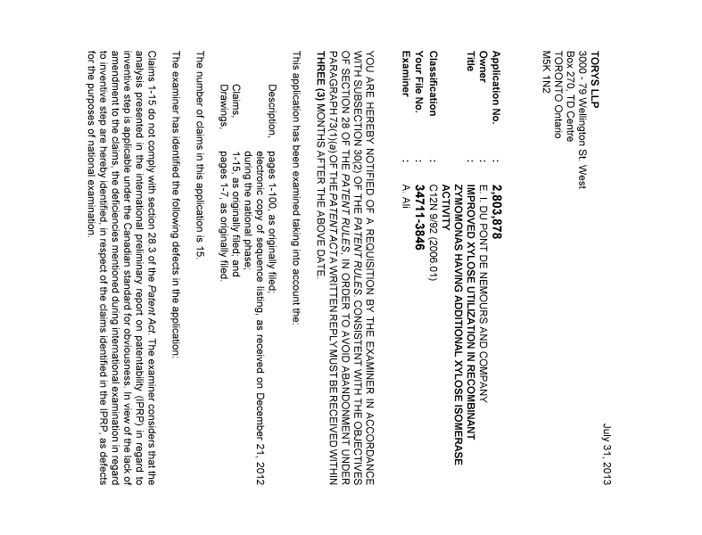 Canadian Patent Document 2803878. Prosecution-Amendment 20130731. Image 1 of 2