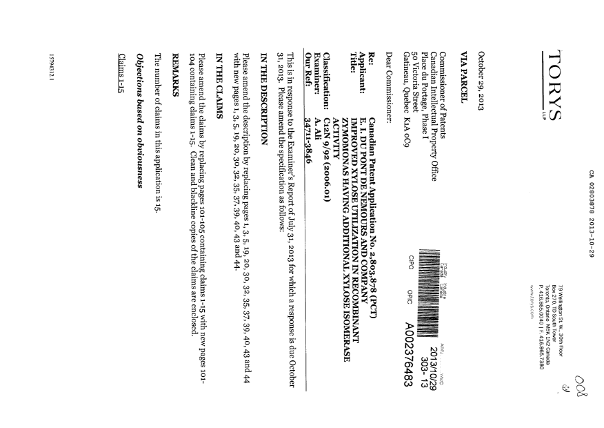 Document de brevet canadien 2803878. Poursuite-Amendment 20131029. Image 1 de 39