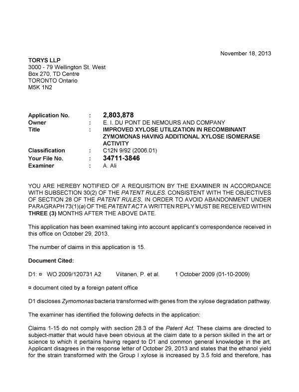 Document de brevet canadien 2803878. Poursuite-Amendment 20131118. Image 1 de 2