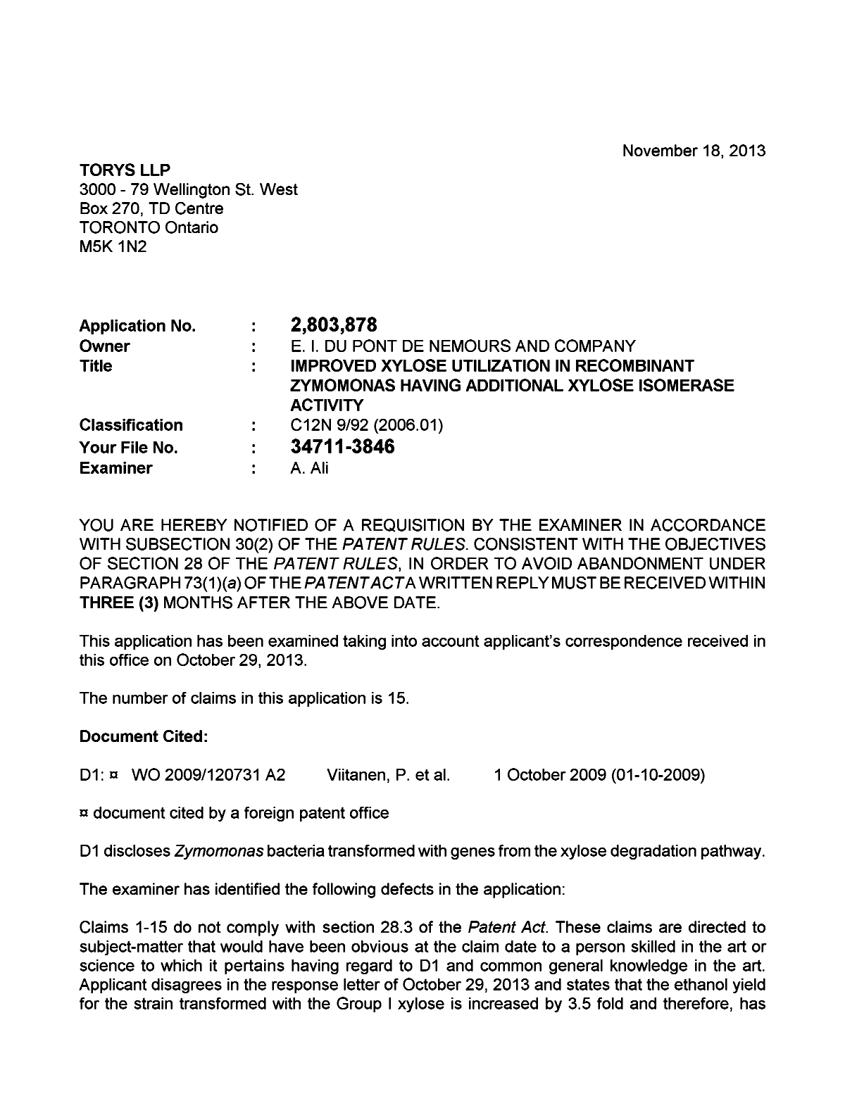 Document de brevet canadien 2803878. Poursuite-Amendment 20131118. Image 1 de 2