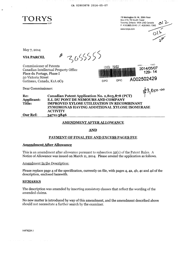 Canadian Patent Document 2803878. Correspondence 20131207. Image 1 of 2
