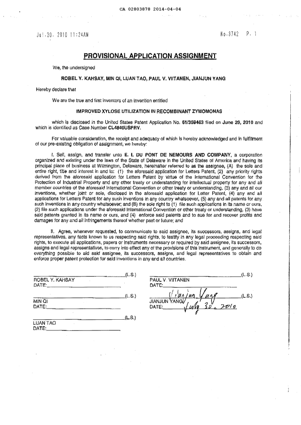 Document de brevet canadien 2803878. Cession 20140404. Image 10 de 10