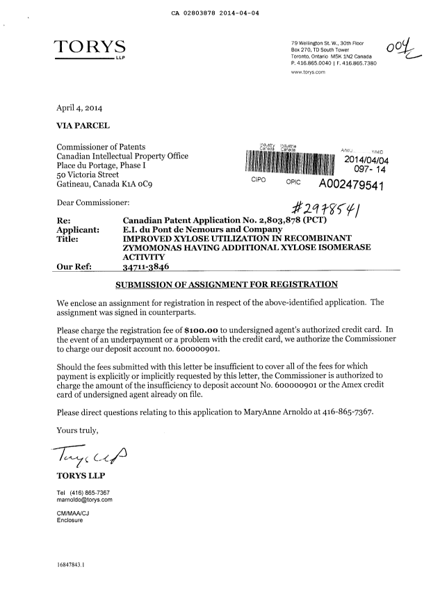 Document de brevet canadien 2803878. Cession 20140404. Image 1 de 10