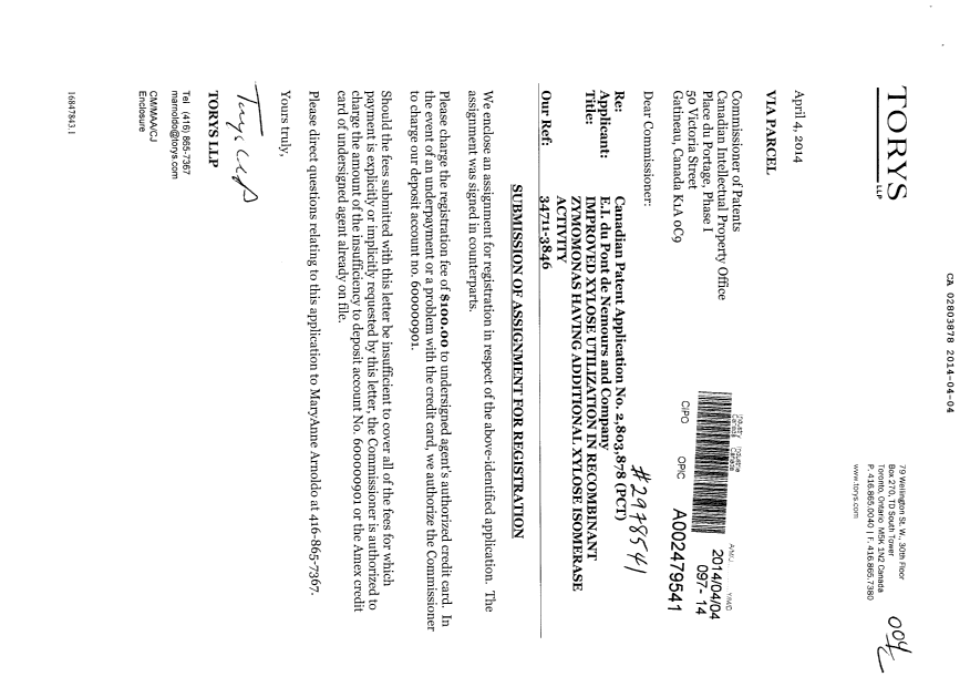 Document de brevet canadien 2803878. Cession 20140404. Image 1 de 10