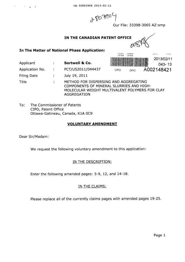 Document de brevet canadien 2803904. Poursuite-Amendment 20121211. Image 1 de 40