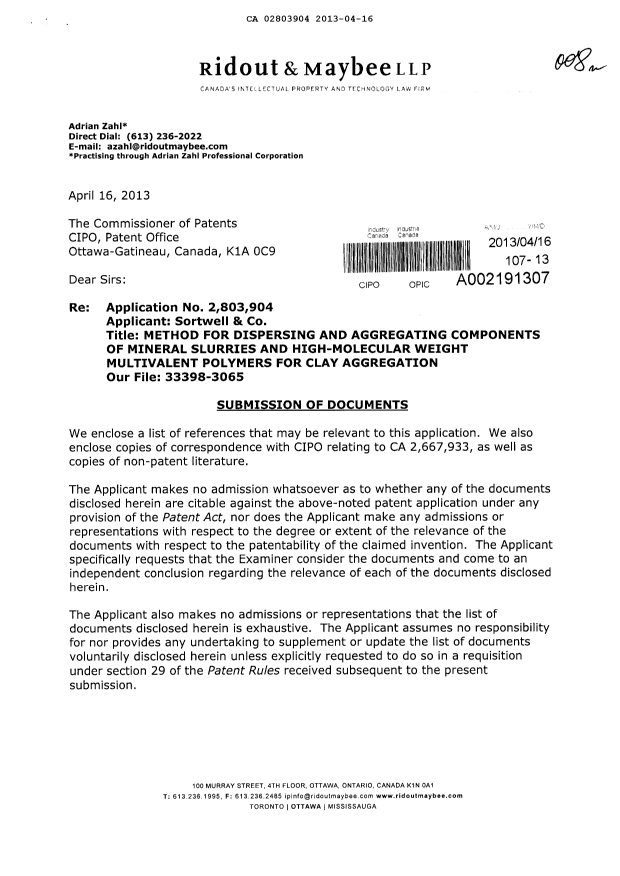 Document de brevet canadien 2803904. Poursuite-Amendment 20121216. Image 1 de 2