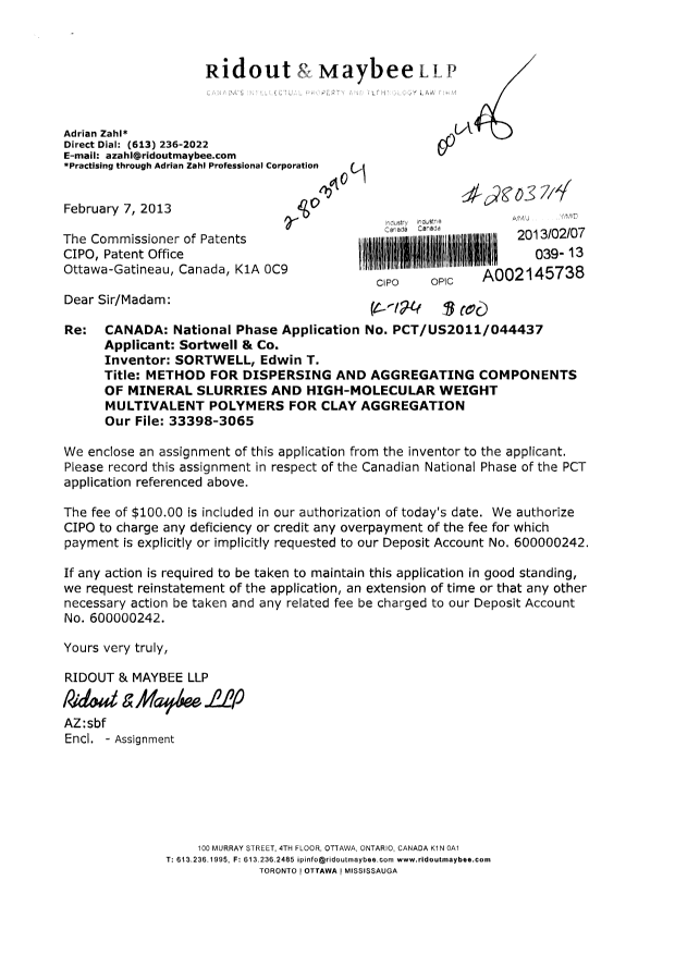 Document de brevet canadien 2803904. Cession 20130207. Image 1 de 2