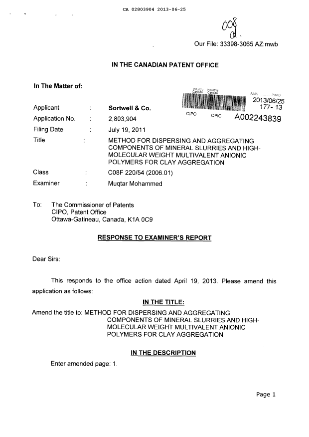 Document de brevet canadien 2803904. Poursuite-Amendment 20130625. Image 1 de 25