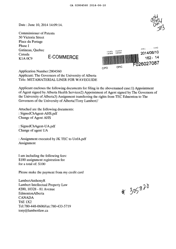 Canadian Patent Document 2804560. Correspondence 20140610. Image 1 of 4