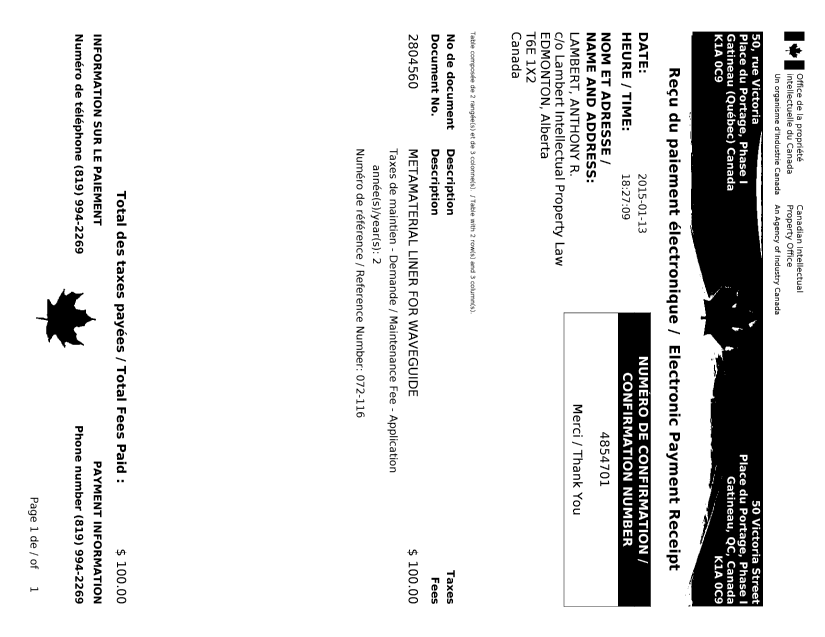 Document de brevet canadien 2804560. Taxes 20141213. Image 1 de 1