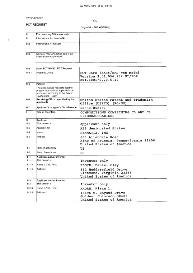 Document de brevet canadien 2804993. PCT 20121208. Image 1 de 5