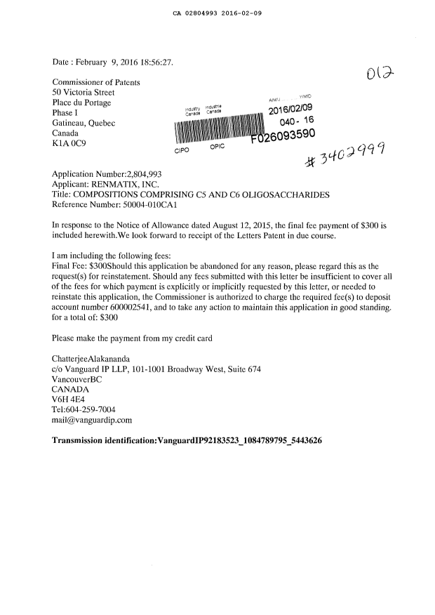 Document de brevet canadien 2804993. Correspondance 20151209. Image 1 de 1