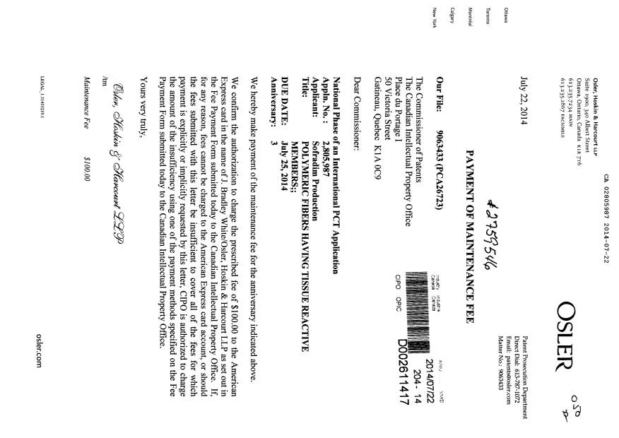 Document de brevet canadien 2805987. Taxes 20131222. Image 1 de 1