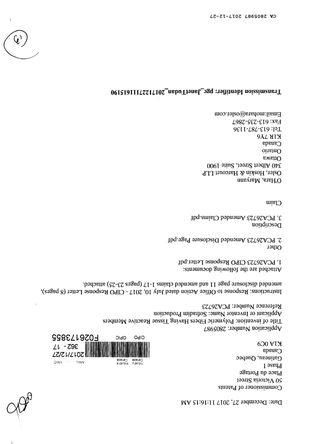 Document de brevet canadien 2805987. Modification 20171227. Image 1 de 13