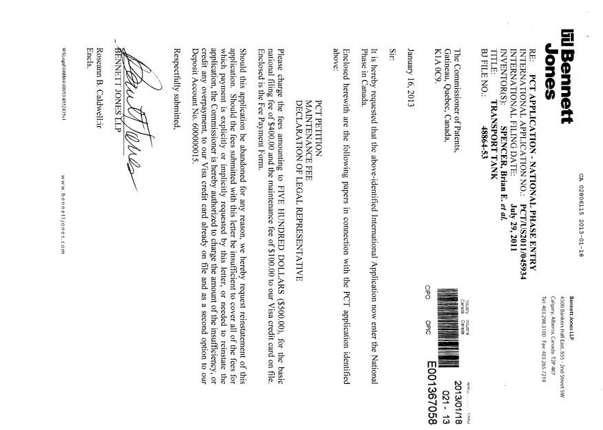 Canadian Patent Document 2806115. Assignment 20130118. Image 1 of 4