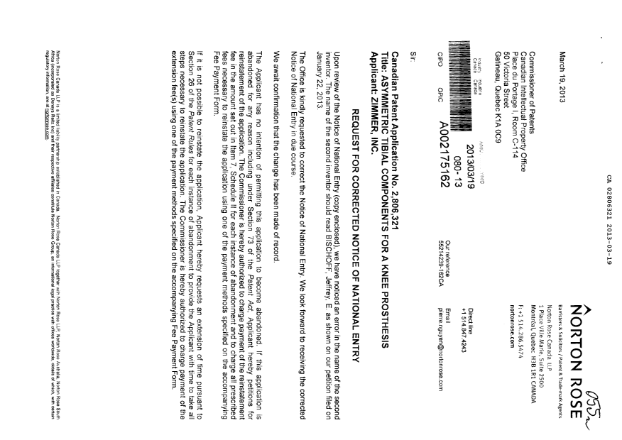 Canadian Patent Document 2806321. Correspondence 20130319. Image 1 of 3