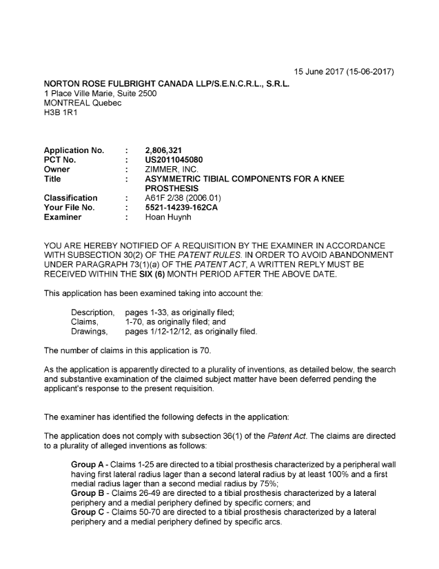 Canadian Patent Document 2806321. Examiner Requisition 20170615. Image 1 of 3