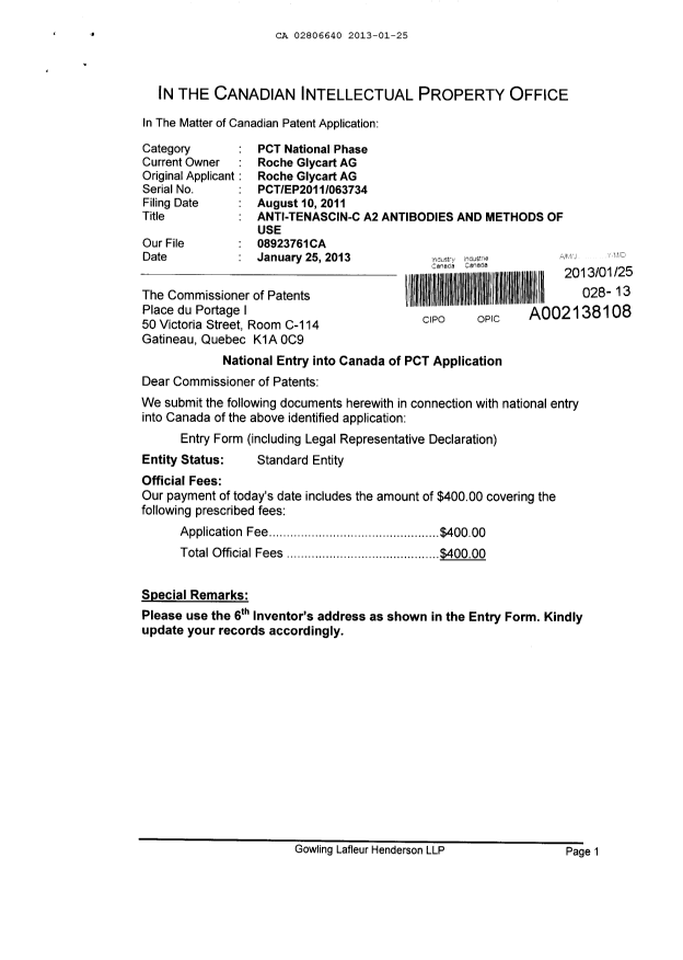 Canadian Patent Document 2806640. Assignment 20130125. Image 1 of 4