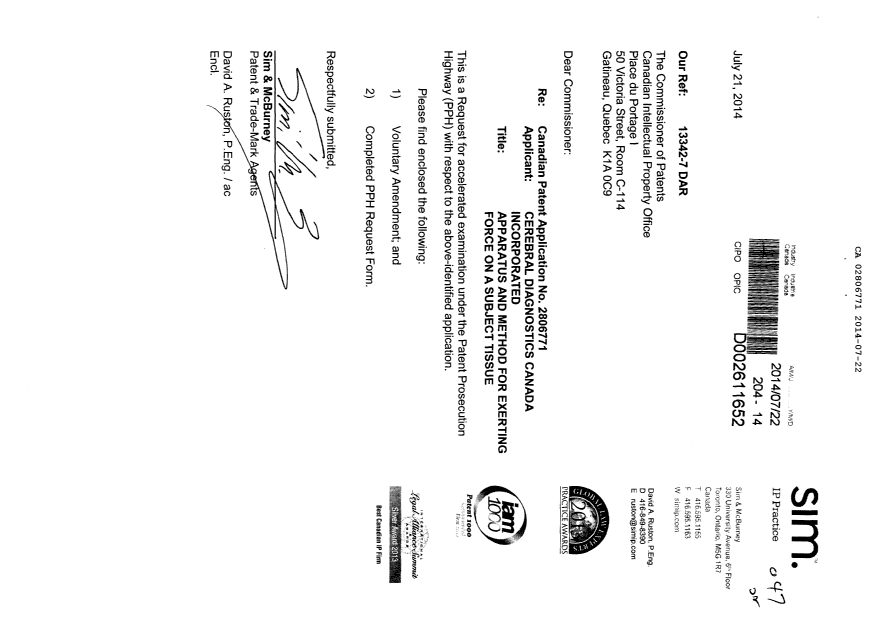 Canadian Patent Document 2806771. Fees 20140722. Image 1 of 18