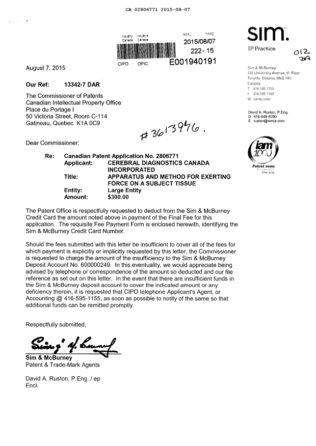 Canadian Patent Document 2806771. Correspondence 20141207. Image 1 of 1