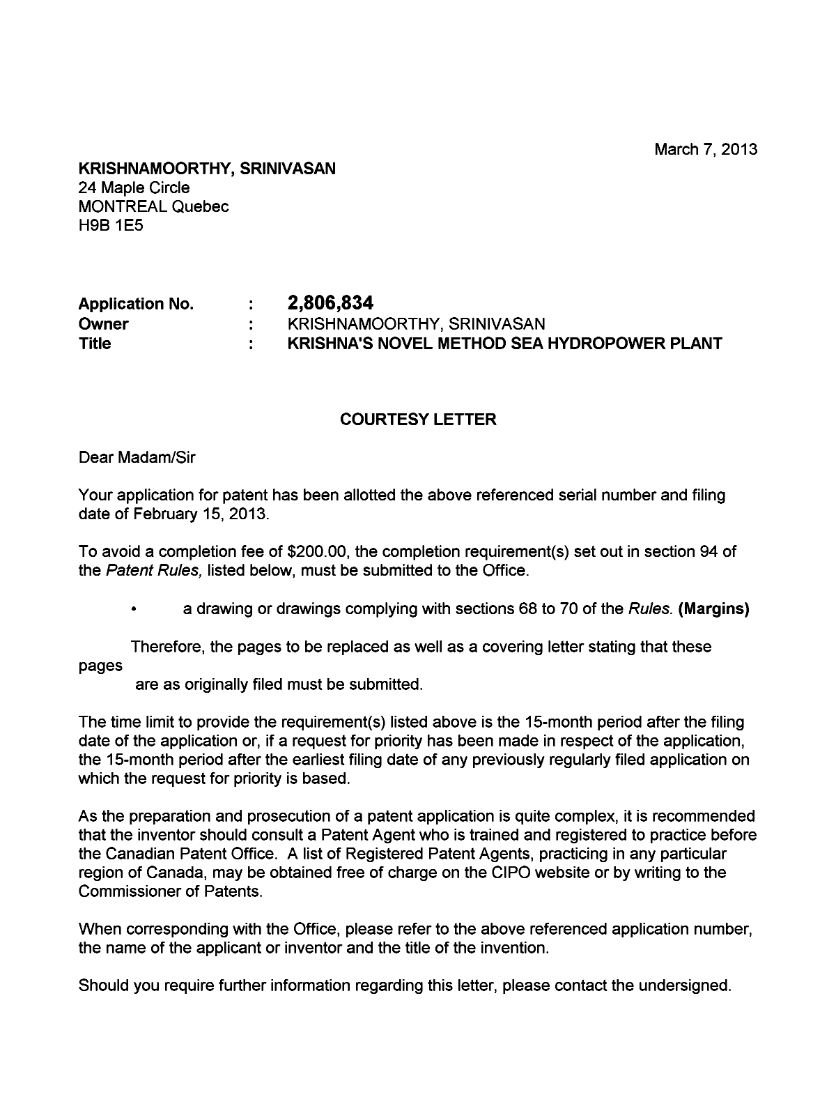 Document de brevet canadien 2806834. Correspondance 20121207. Image 1 de 2