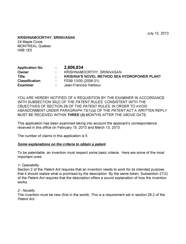 Canadian Patent Document 2806834. Prosecution-Amendment 20121212. Image 1 of 6