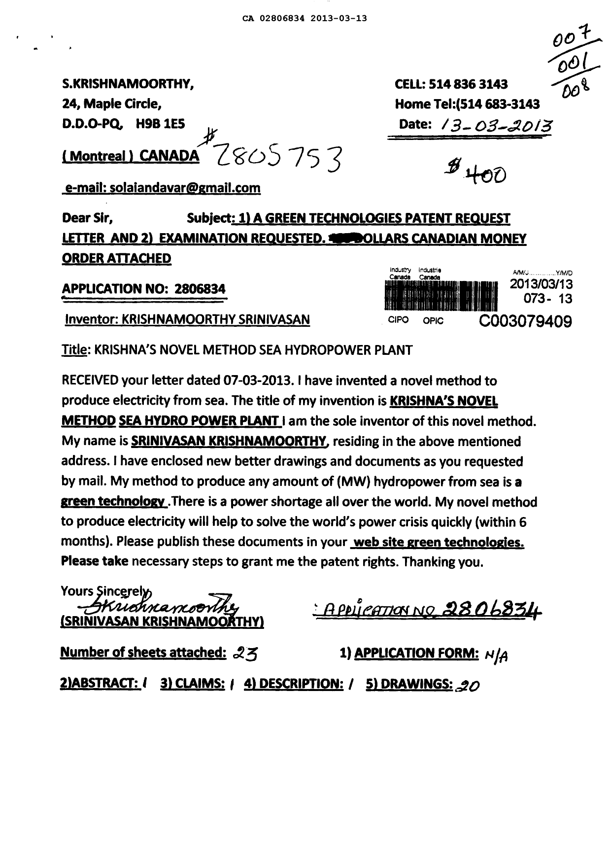Canadian Patent Document 2806834. Prosecution-Amendment 20121213. Image 1 of 5