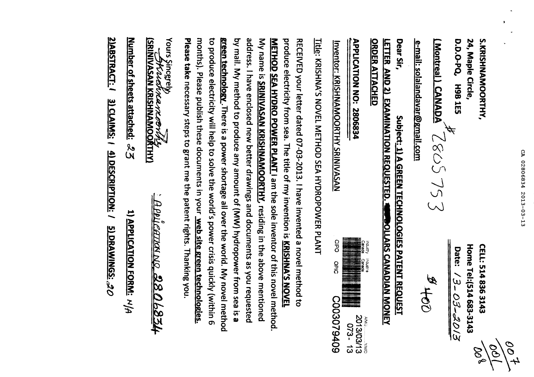 Document de brevet canadien 2806834. Poursuite-Amendment 20121213. Image 1 de 5