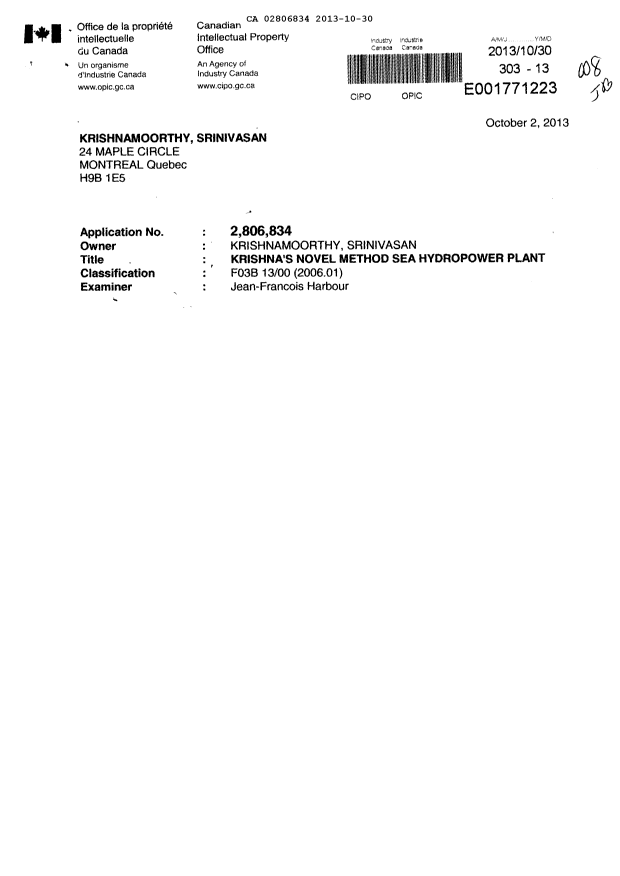 Canadian Patent Document 2806834. Prosecution-Amendment 20121230. Image 1 of 21