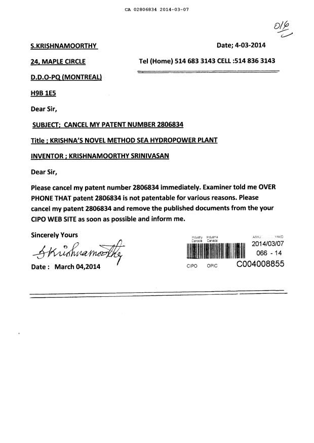 Canadian Patent Document 2806834. Correspondence 20131207. Image 1 of 1