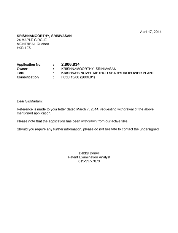 Document de brevet canadien 2806834. Correspondance 20131217. Image 1 de 1