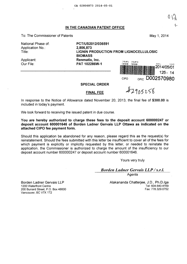 Document de brevet canadien 2806873. Correspondance 20131201. Image 1 de 1