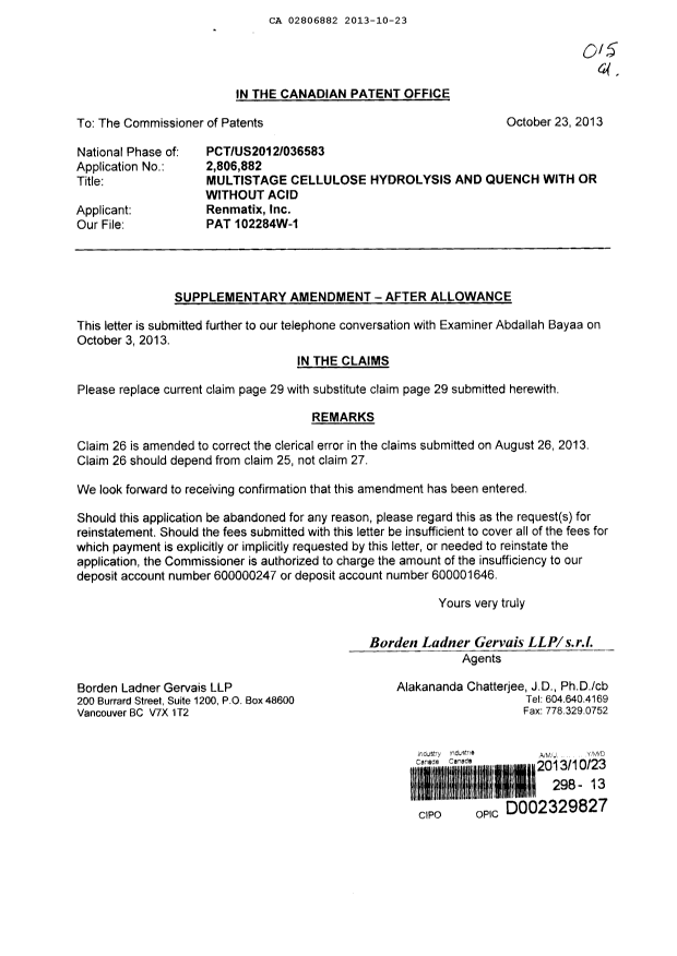 Canadian Patent Document 2806882. Prosecution-Amendment 20121223. Image 1 of 2