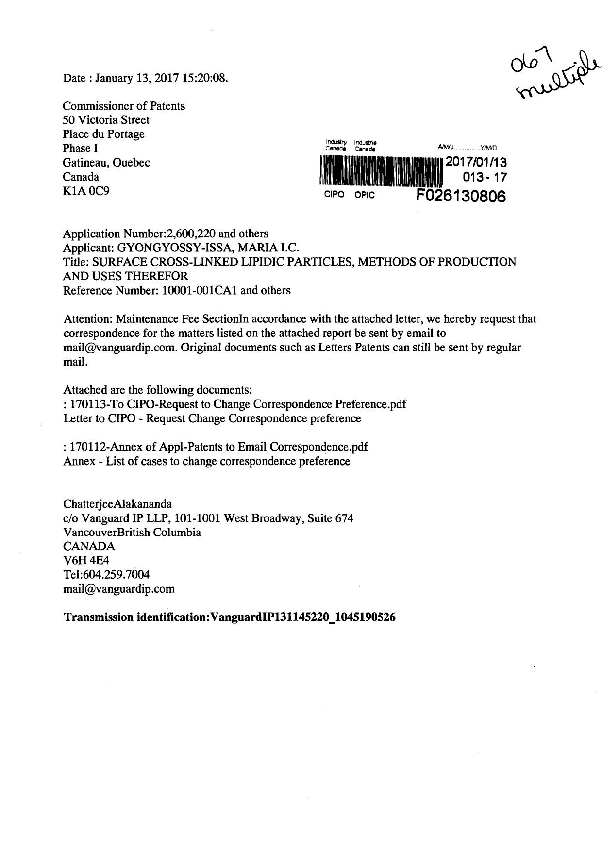Document de brevet canadien 2806882. Correspondance 20161213. Image 1 de 10