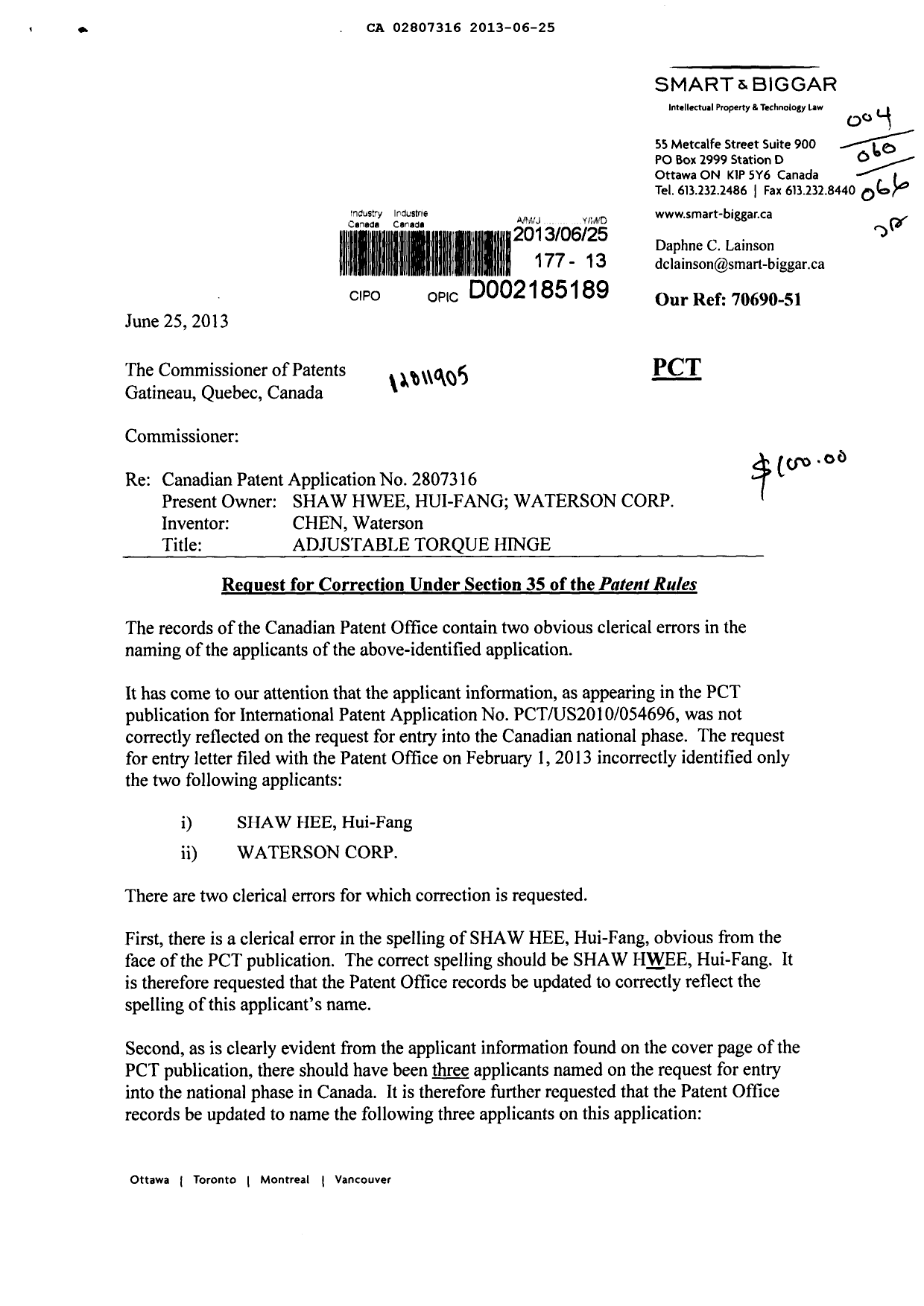 Canadian Patent Document 2807316. Assignment 20130625. Image 1 of 5