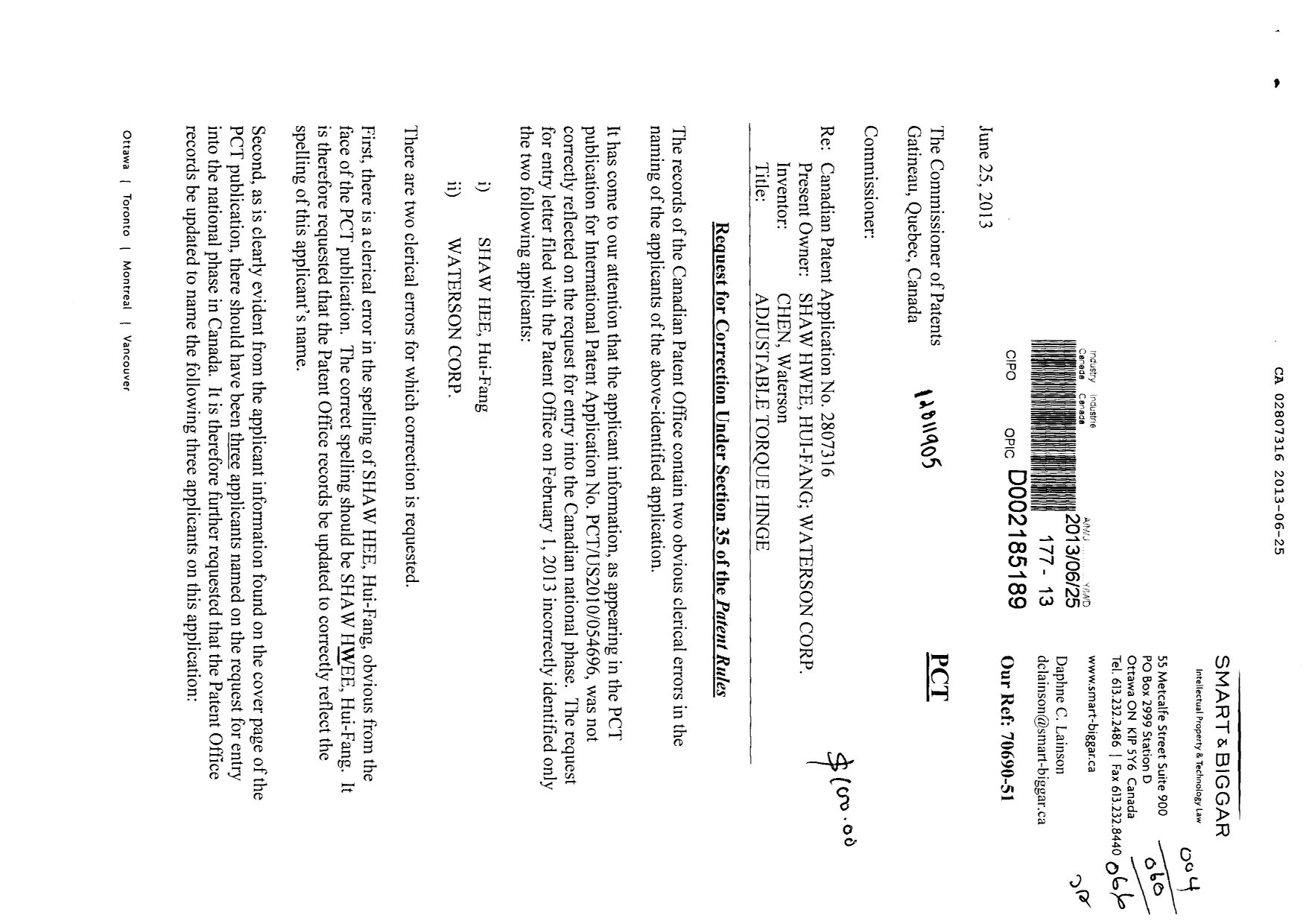 Canadian Patent Document 2807316. Assignment 20130625. Image 1 of 5