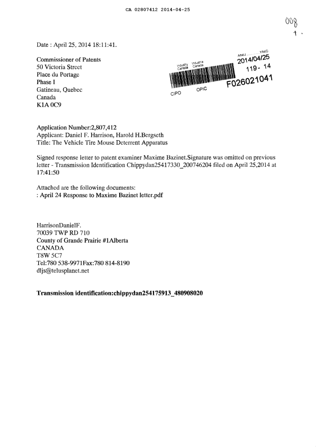 Canadian Patent Document 2807412. Prosecution-Amendment 20131225. Image 1 of 4